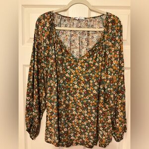 Emily Wonder 1X Green & Brown Floral Blouse